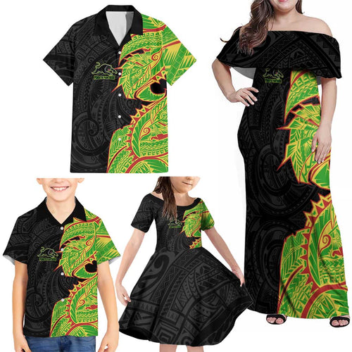 Penrith Panthers Family Matching Off Shoulder Maxi Dress and Hawaiian Shirt Polynesian Tribal Tattoo Pacific Sport Art