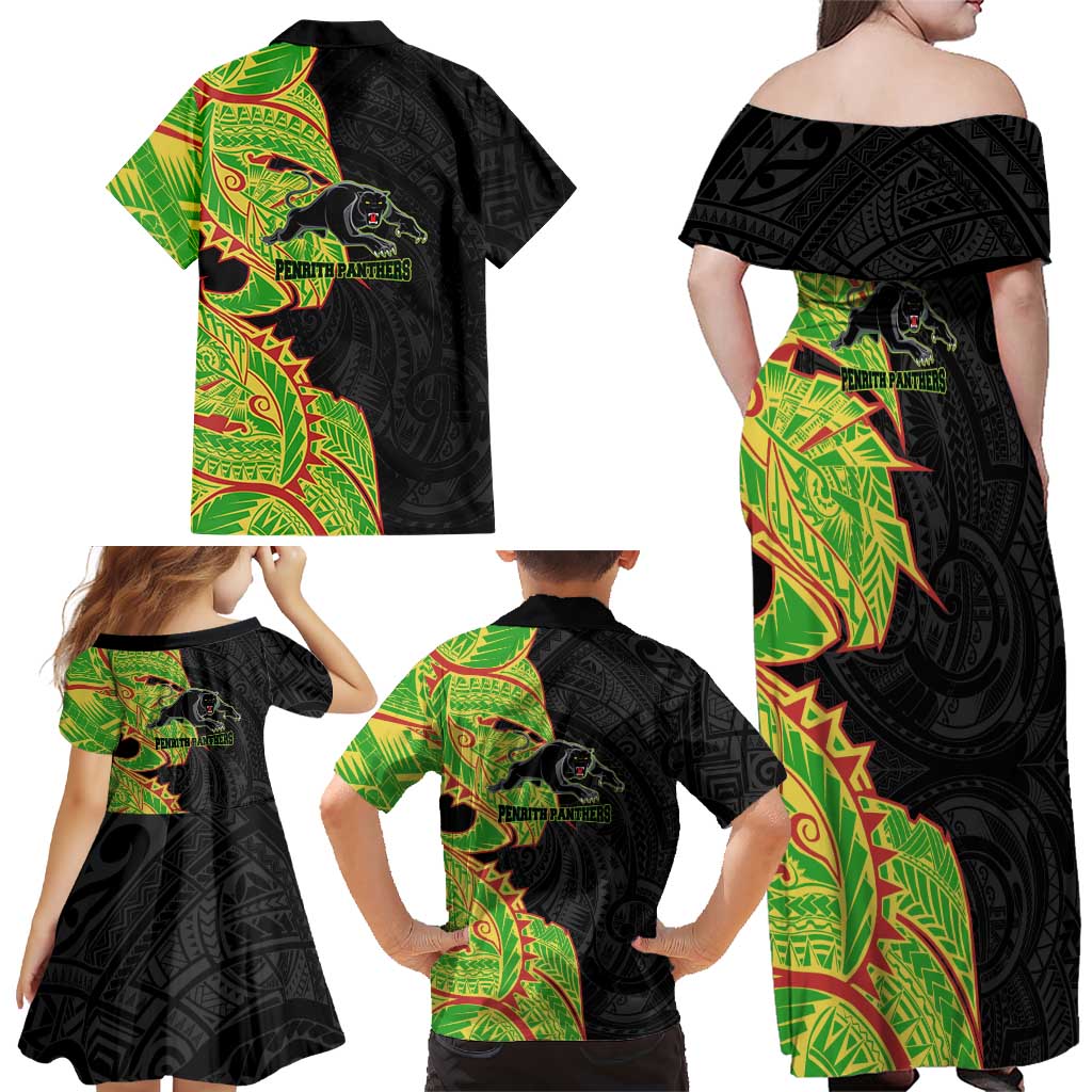 Penrith Panthers Family Matching Off Shoulder Maxi Dress and Hawaiian Shirt Polynesian Tribal Tattoo Pacific Sport Art