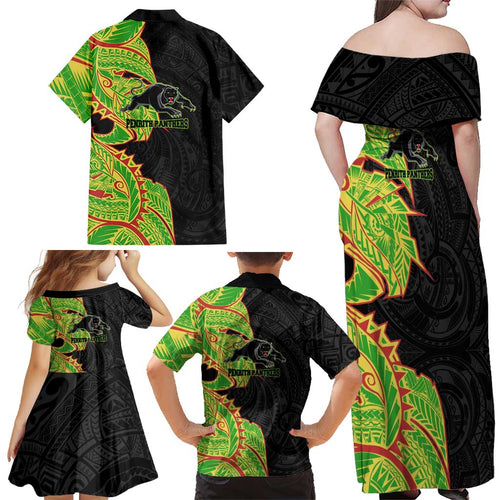 Penrith Panthers Family Matching Off Shoulder Maxi Dress and Hawaiian Shirt Polynesian Tribal Tattoo Pacific Sport Art