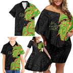 Penrith Panthers Family Matching Off Shoulder Short Dress and Hawaiian Shirt Polynesian Tribal Tattoo Pacific Sport Art