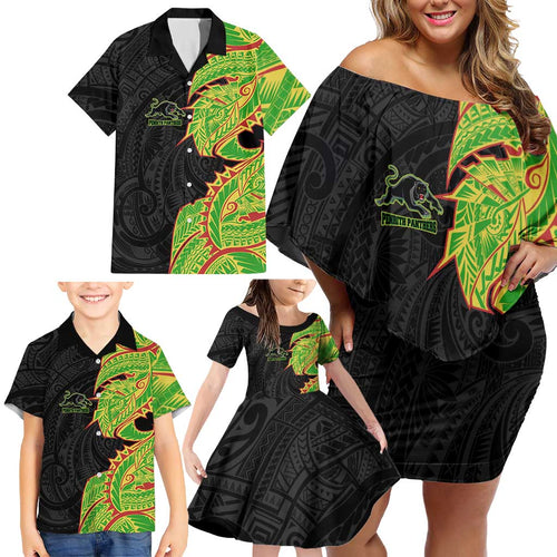 Penrith Panthers Family Matching Off Shoulder Short Dress and Hawaiian Shirt Polynesian Tribal Tattoo Pacific Sport Art
