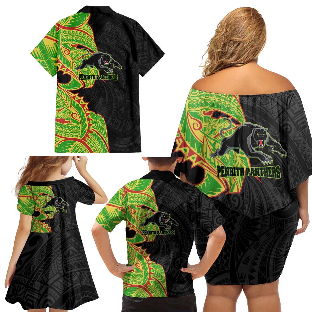 Penrith Panthers Family Matching Off Shoulder Short Dress and Hawaiian Shirt Polynesian Tribal Tattoo Pacific Sport Art
