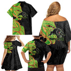 Penrith Panthers Family Matching Off Shoulder Short Dress and Hawaiian Shirt Polynesian Tribal Tattoo Pacific Sport Art