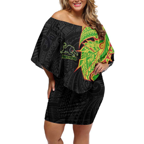 Penrith Panthers Family Matching Off Shoulder Short Dress and Hawaiian Shirt Polynesian Tribal Tattoo Pacific Sport Art
