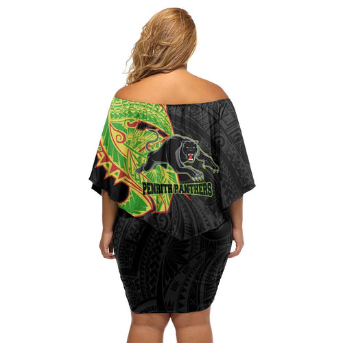 Penrith Panthers Family Matching Off Shoulder Short Dress and Hawaiian Shirt Polynesian Tribal Tattoo Pacific Sport Art
