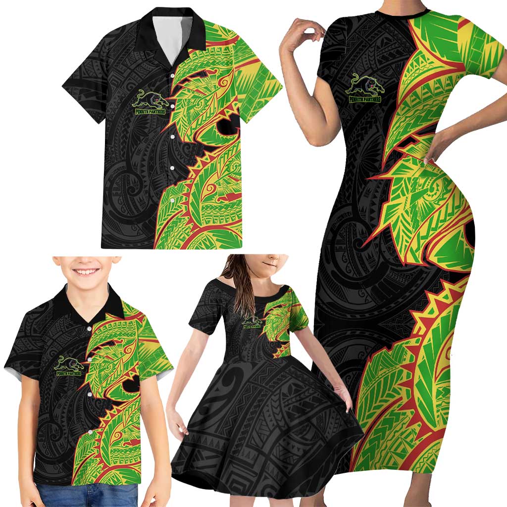 Penrith Panthers Family Matching Short Sleeve Bodycon Dress and Hawaiian Shirt Polynesian Tribal Tattoo Pacific Sport Art
