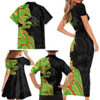 Penrith Panthers Family Matching Short Sleeve Bodycon Dress and Hawaiian Shirt Polynesian Tribal Tattoo Pacific Sport Art