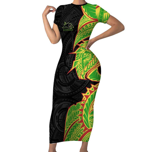 Penrith Panthers Family Matching Short Sleeve Bodycon Dress and Hawaiian Shirt Polynesian Tribal Tattoo Pacific Sport Art