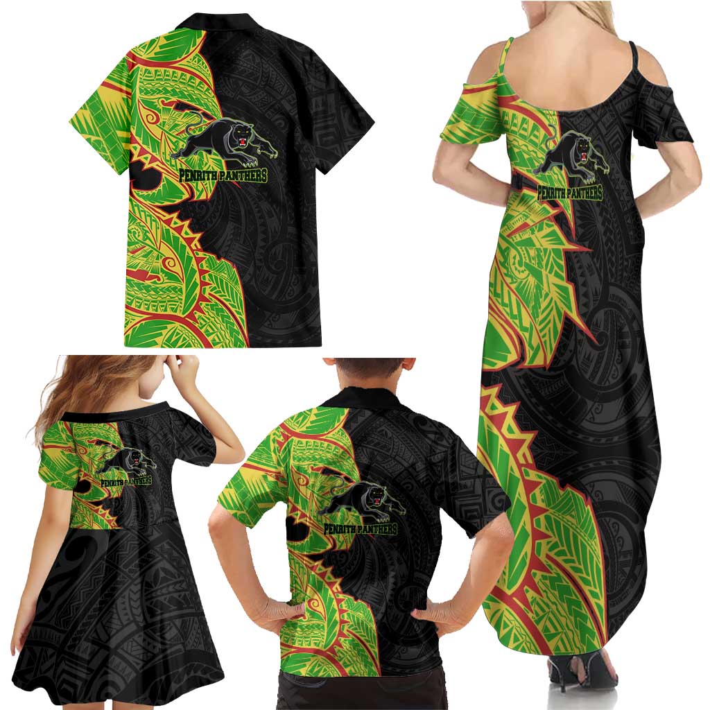 Penrith Panthers Family Matching Summer Maxi Dress and Hawaiian Shirt Polynesian Tribal Tattoo Pacific Sport Art