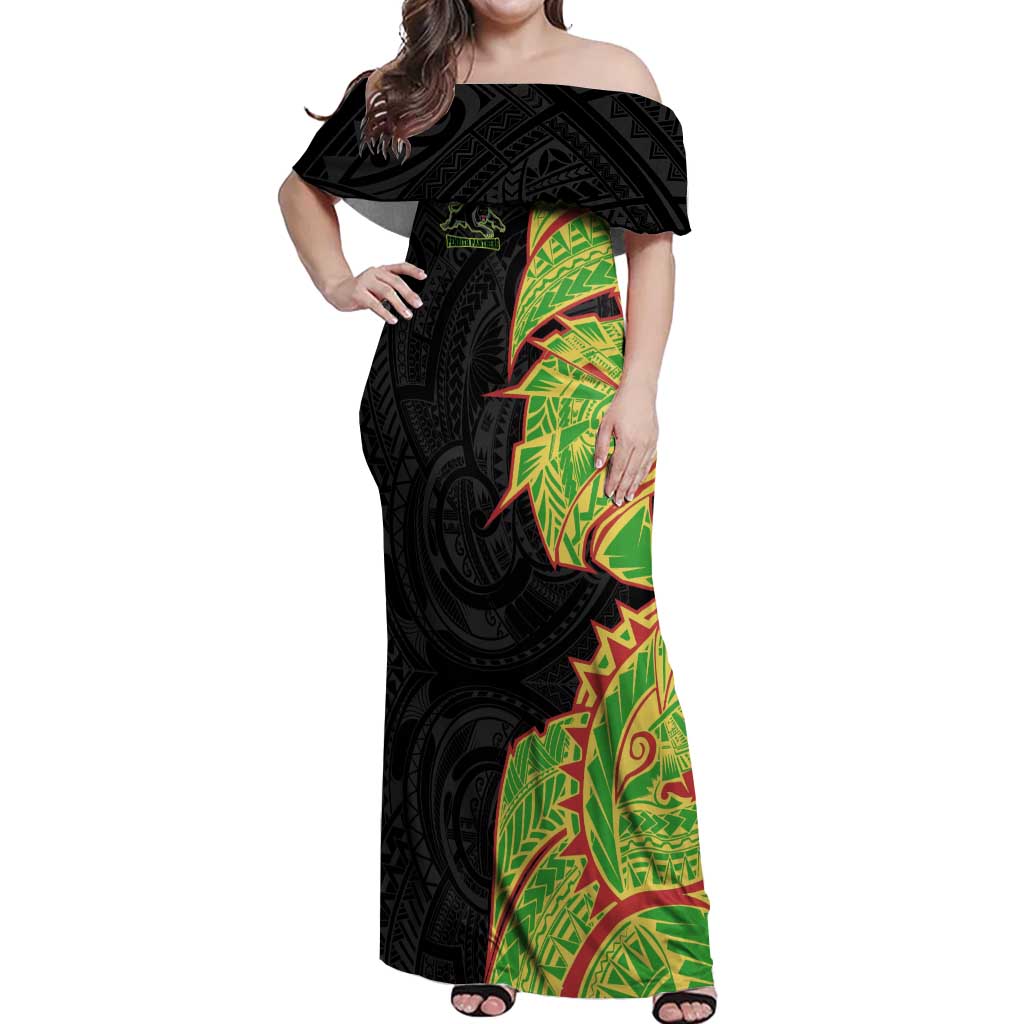 Penrith Panthers Off Shoulder Maxi Dress Polynesian Tribal Tattoo Pacific Sport Art