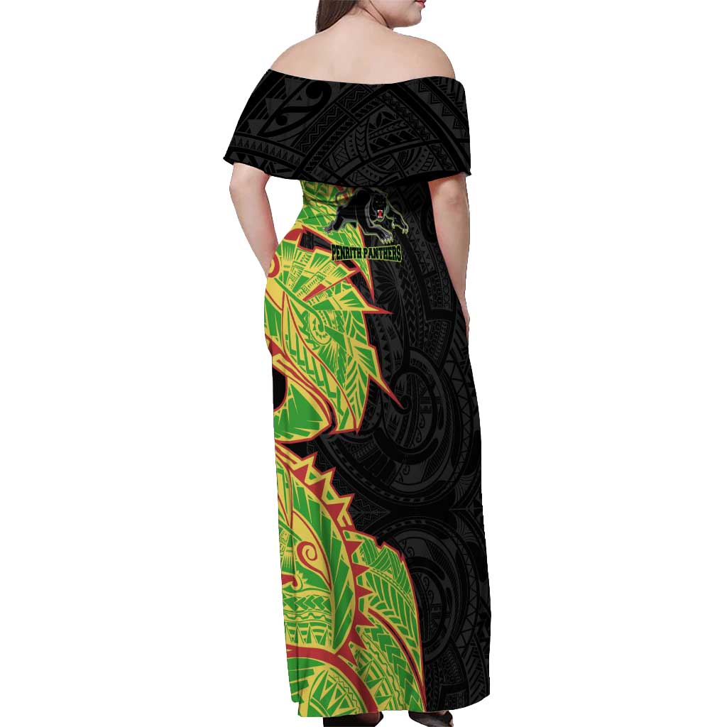 Penrith Panthers Off Shoulder Maxi Dress Polynesian Tribal Tattoo Pacific Sport Art