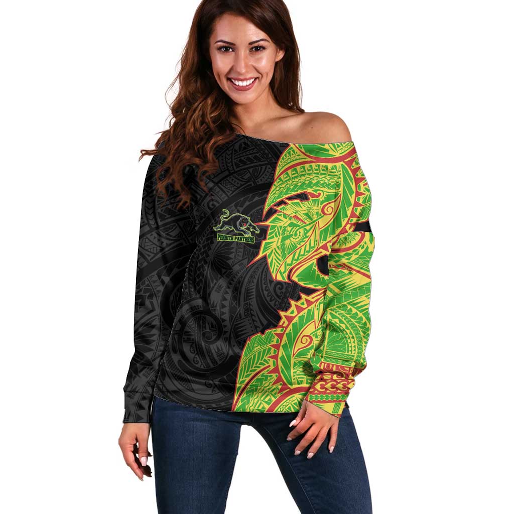 Penrith Panthers Off Shoulder Sweater Polynesian Tribal Tattoo Pacific Sport Art