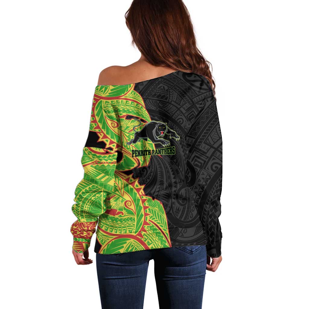 Penrith Panthers Off Shoulder Sweater Polynesian Tribal Tattoo Pacific Sport Art