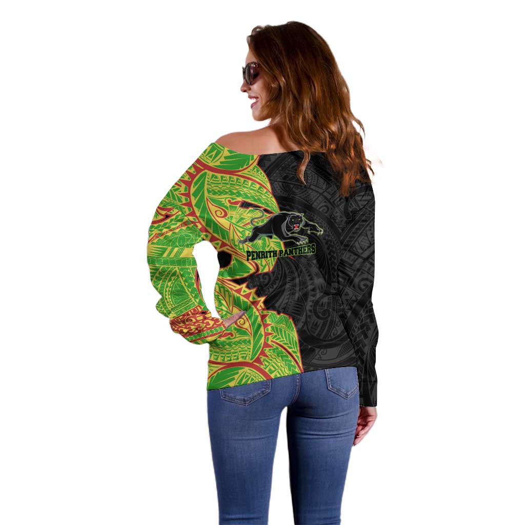Penrith Panthers Off Shoulder Sweater Polynesian Tribal Tattoo Pacific Sport Art