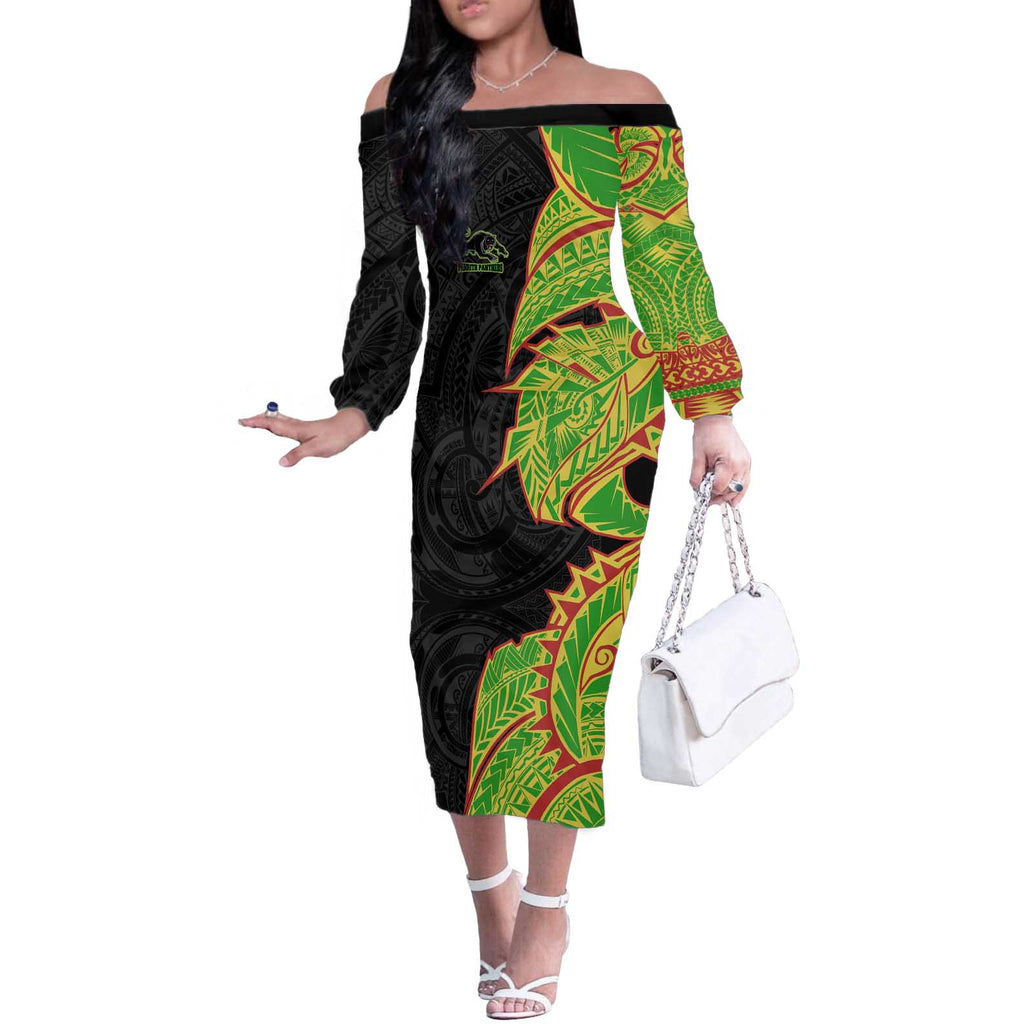 Penrith Panthers Off The Shoulder Long Sleeve Dress Polynesian Tribal Tattoo Pacific Sport Art