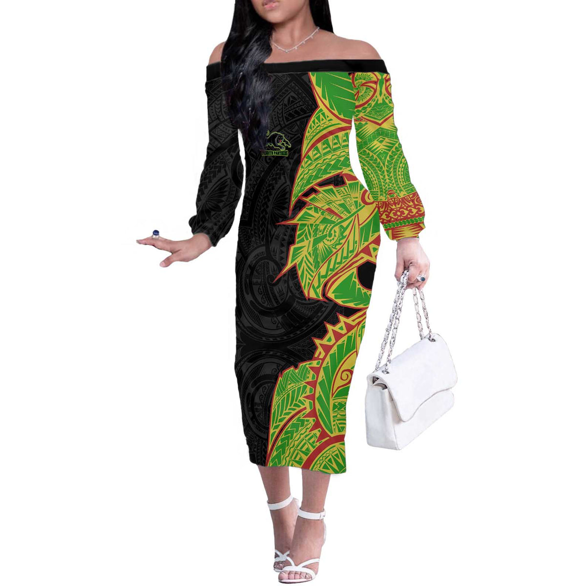 Penrith Panthers Off The Shoulder Long Sleeve Dress Polynesian Tribal Tattoo Pacific Sport Art