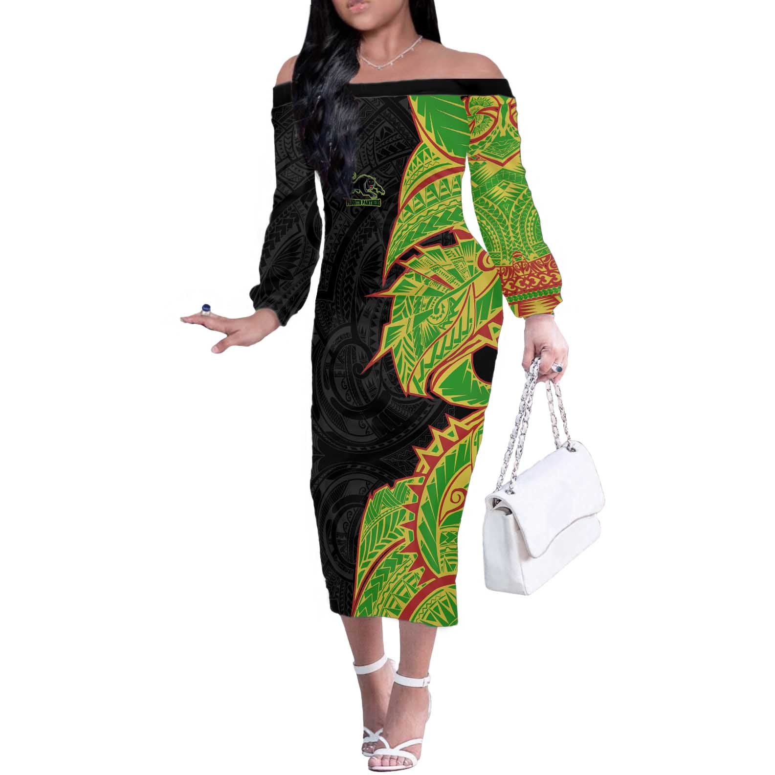 Penrith Panthers Off The Shoulder Long Sleeve Dress Polynesian Tribal Tattoo Pacific Sport Art