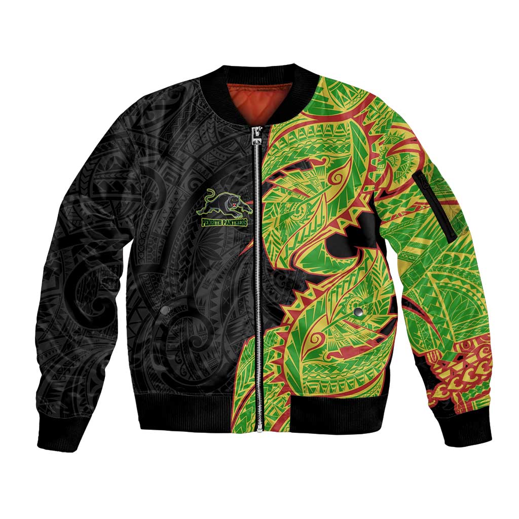 Penrith Panthers Sleeve Zip Bomber Jacket Polynesian Tribal Tattoo Pacific Sport Art