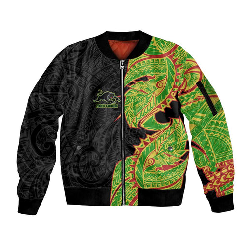 Penrith Panthers Sleeve Zip Bomber Jacket Polynesian Tribal Tattoo Pacific Sport Art