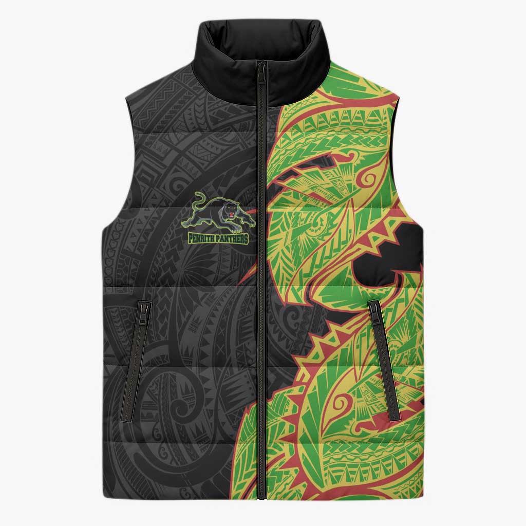 Penrith Panthers Sleeveless Puffer Jacket Polynesian Tribal Tattoo Pacific Sport Art