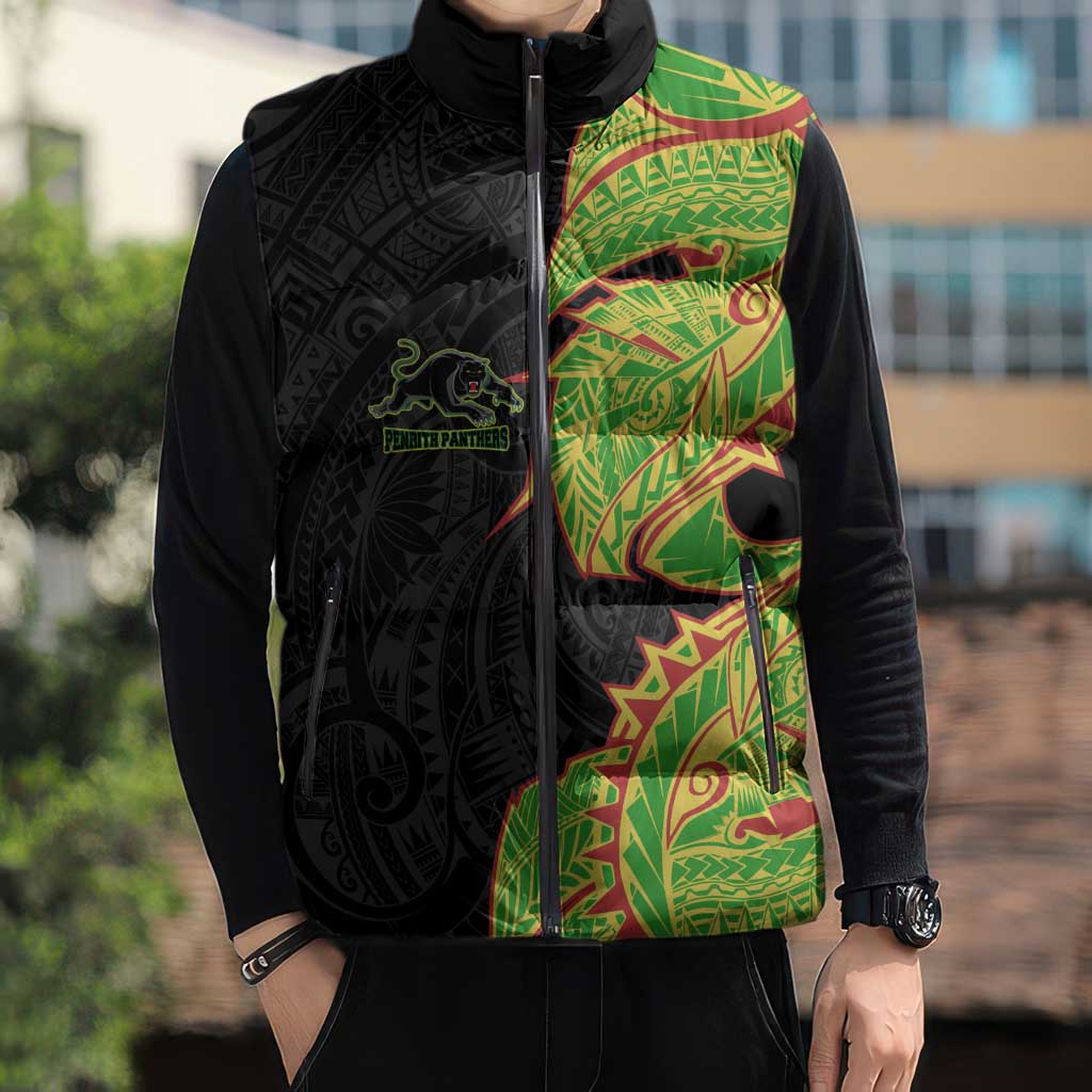 Penrith Panthers Sleeveless Puffer Jacket Polynesian Tribal Tattoo Pacific Sport Art