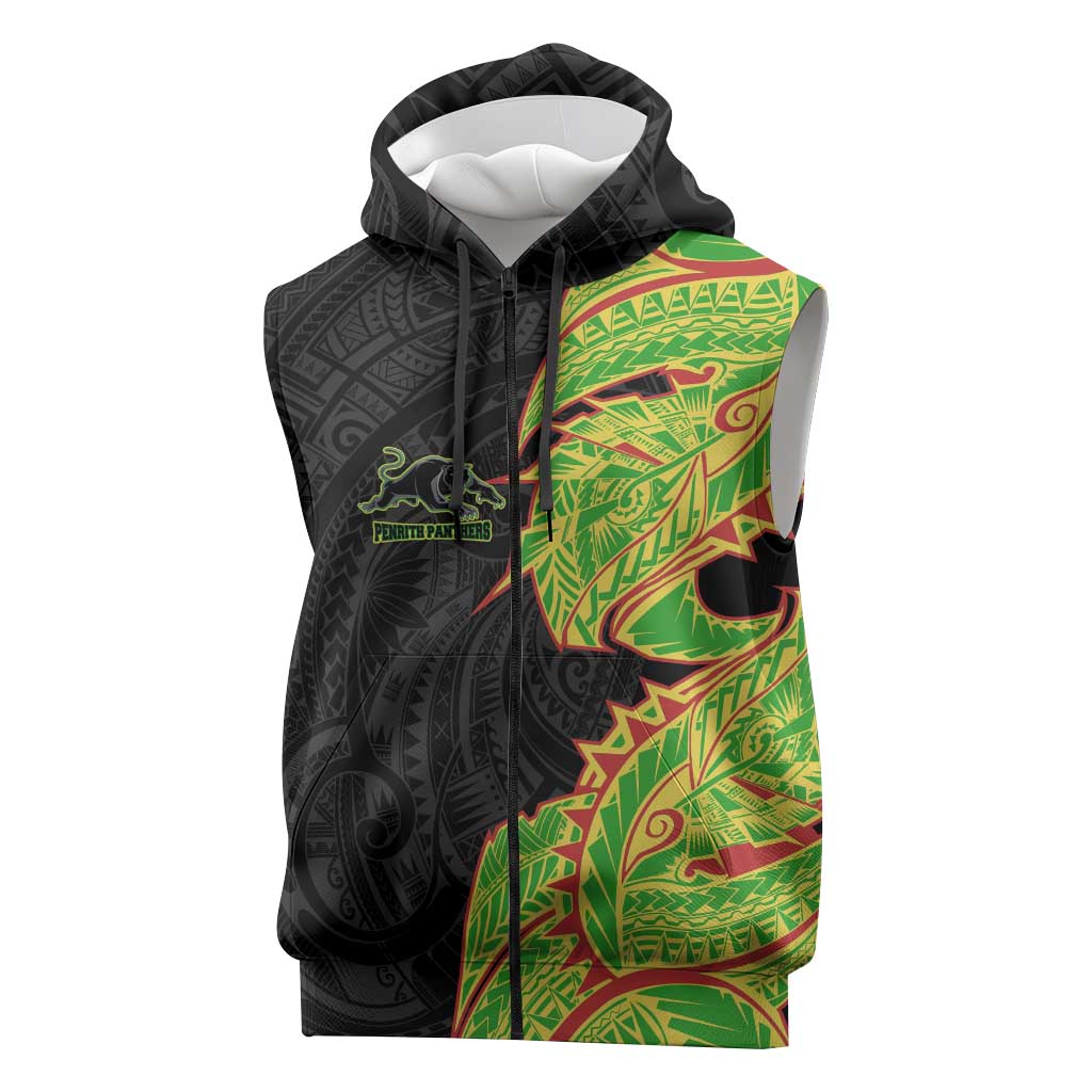 Penrith Panthers Sleeveless Zip Hoodie Polynesian Tribal Tattoo Pacific Sport Art