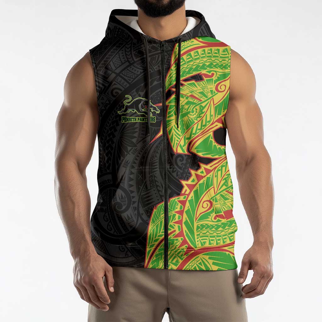 Penrith Panthers Sleeveless Zip Hoodie Polynesian Tribal Tattoo Pacific Sport Art
