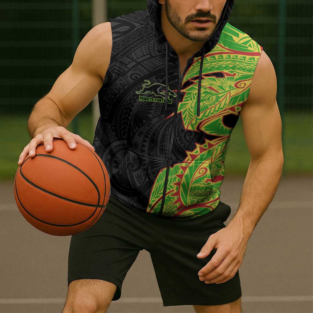 Penrith Panthers Sleeveless Zip Hoodie Polynesian Tribal Tattoo Pacific Sport Art