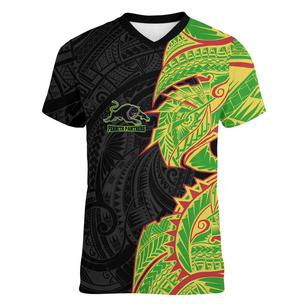 Penrith Panthers Women V-Neck T-Shirt Polynesian Tribal Tattoo Pacific Sport Art