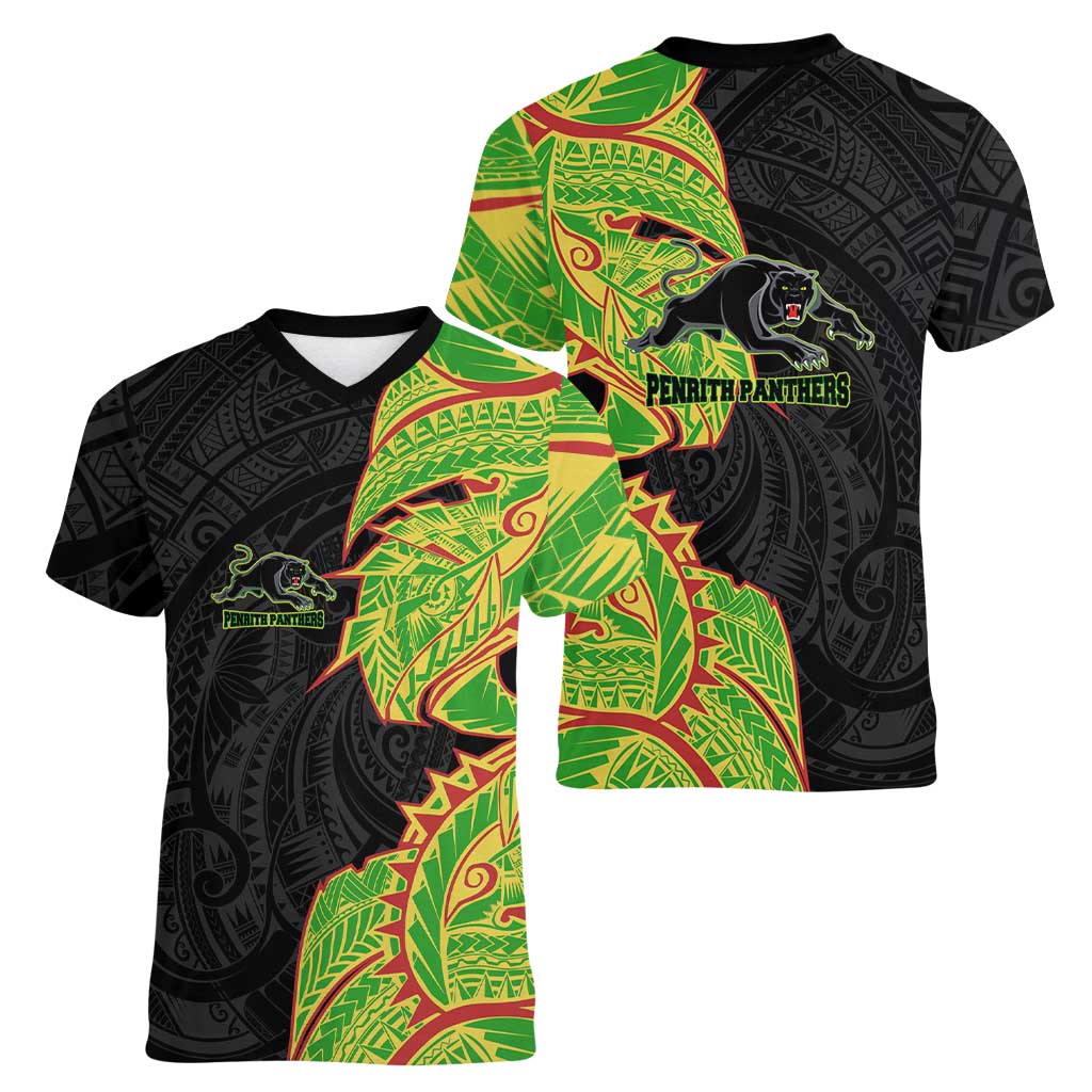 Penrith Panthers Women V-Neck T-Shirt Polynesian Tribal Tattoo Pacific Sport Art