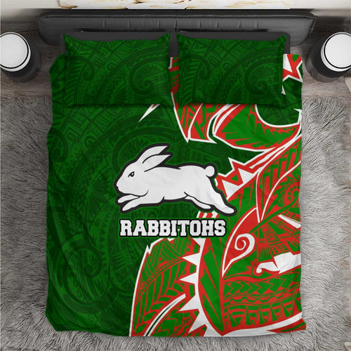 South Sydney Rabbitohs Bedding Set Polynesian Tribal Tattoo Pacific Sport Art