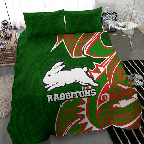 South Sydney Rabbitohs Bedding Set Polynesian Tribal Tattoo Pacific Sport Art