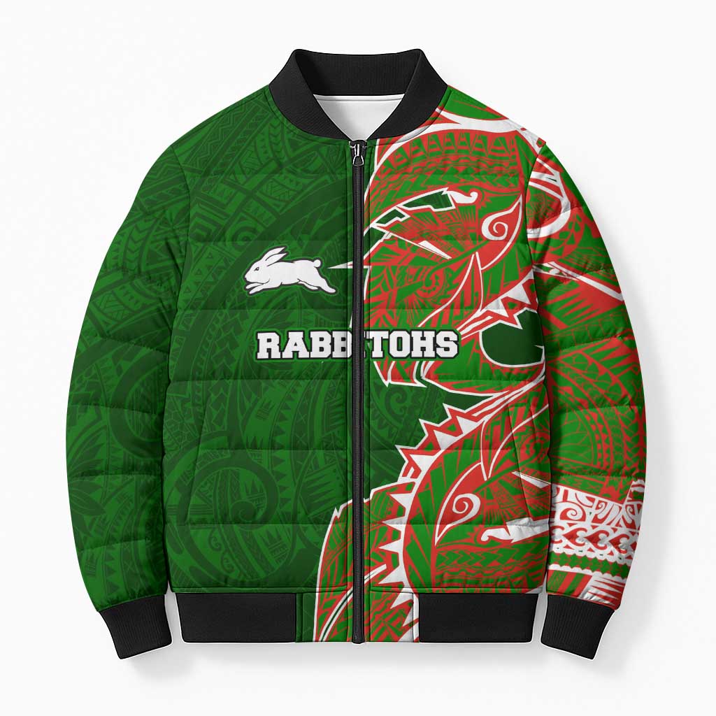 South Sydney Rabbitohs Bomber Puffer Jacket Polynesian Tribal Tattoo Pacific Sport Art