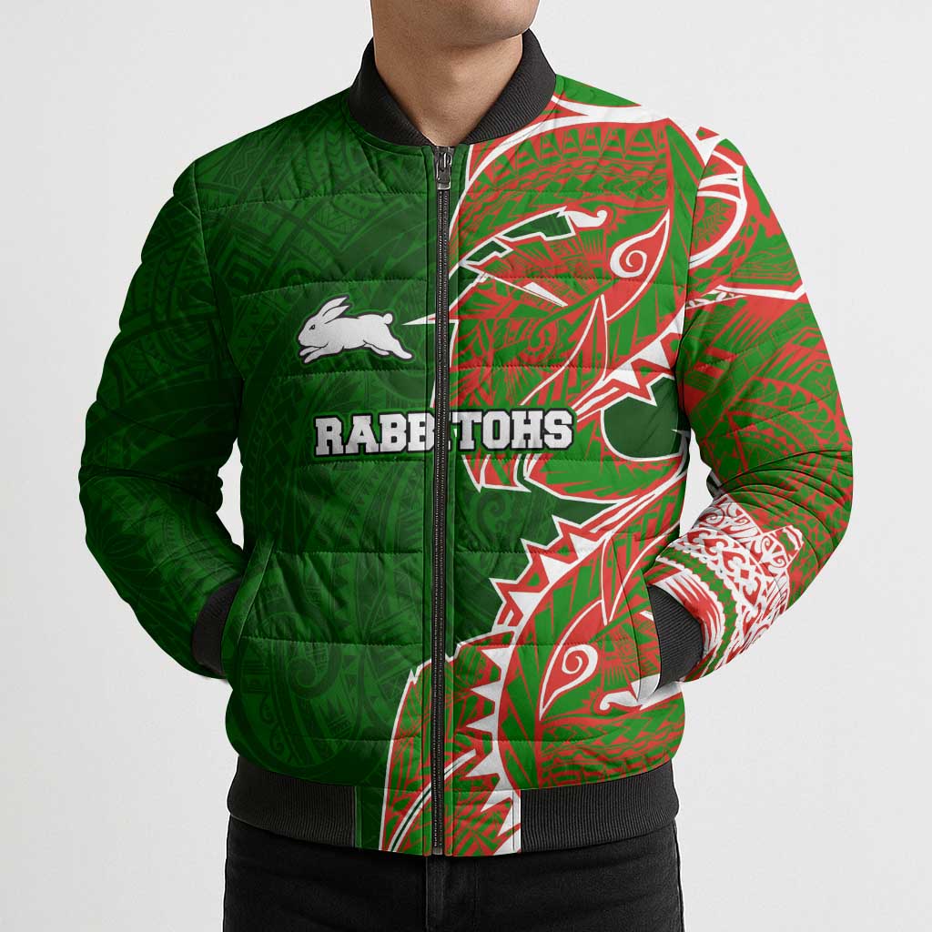 South Sydney Rabbitohs Bomber Puffer Jacket Polynesian Tribal Tattoo Pacific Sport Art