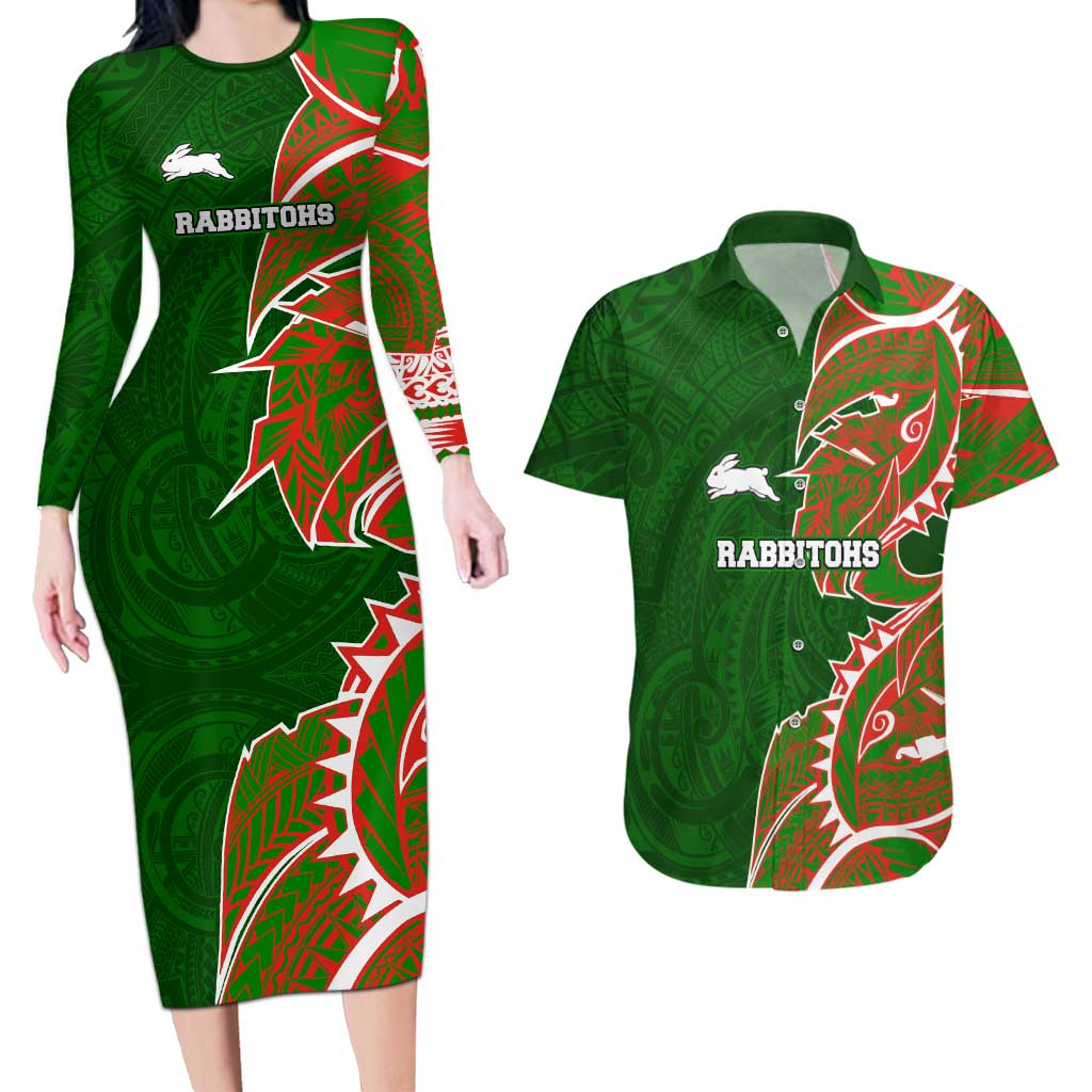 South Sydney Rabbitohs Couples Matching Long Sleeve Bodycon Dress and Hawaiian Shirt Polynesian Tribal Tattoo Pacific Sport Art