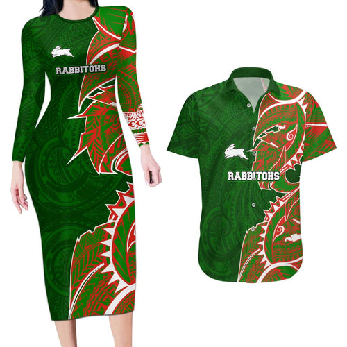 South Sydney Rabbitohs Couples Matching Long Sleeve Bodycon Dress and Hawaiian Shirt Polynesian Tribal Tattoo Pacific Sport Art