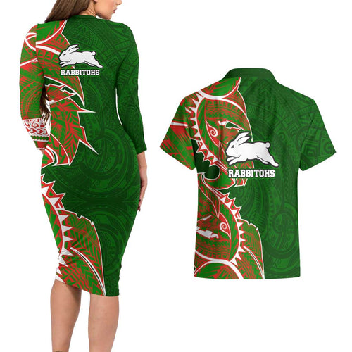 South Sydney Rabbitohs Couples Matching Long Sleeve Bodycon Dress and Hawaiian Shirt Polynesian Tribal Tattoo Pacific Sport Art