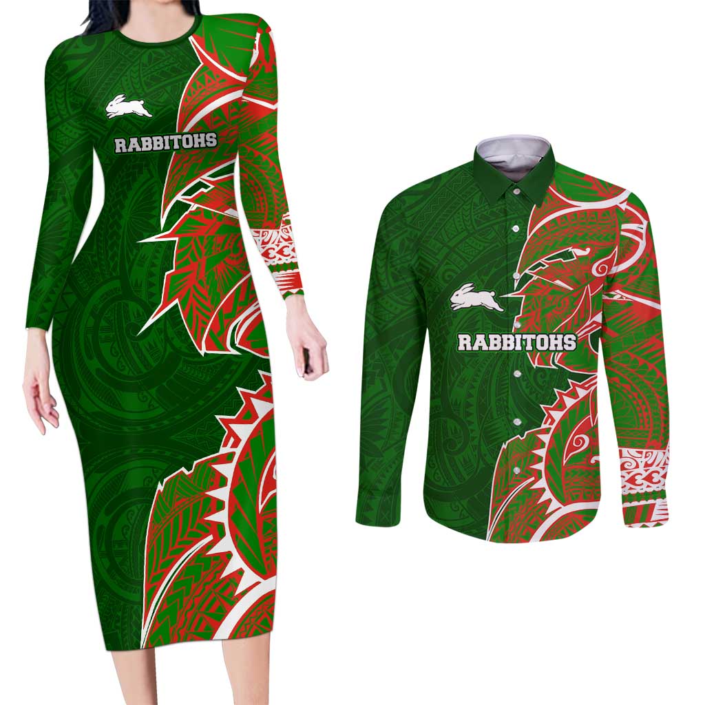 South Sydney Rabbitohs Couples Matching Long Sleeve Bodycon Dress and Long Sleeve Button Shirt Polynesian Tribal Tattoo Pacific Sport Art