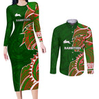 South Sydney Rabbitohs Couples Matching Long Sleeve Bodycon Dress and Long Sleeve Button Shirt Polynesian Tribal Tattoo Pacific Sport Art