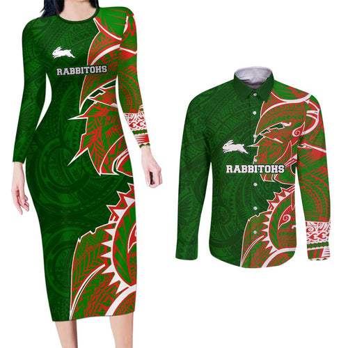 South Sydney Rabbitohs Couples Matching Long Sleeve Bodycon Dress and Long Sleeve Button Shirt Polynesian Tribal Tattoo Pacific Sport Art