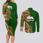 South Sydney Rabbitohs Couples Matching Long Sleeve Bodycon Dress and Long Sleeve Button Shirt Polynesian Tribal Tattoo Pacific Sport Art