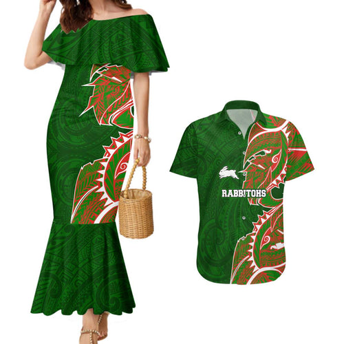 South Sydney Rabbitohs Couples Matching Mermaid Dress and Hawaiian Shirt Polynesian Tribal Tattoo Pacific Sport Art
