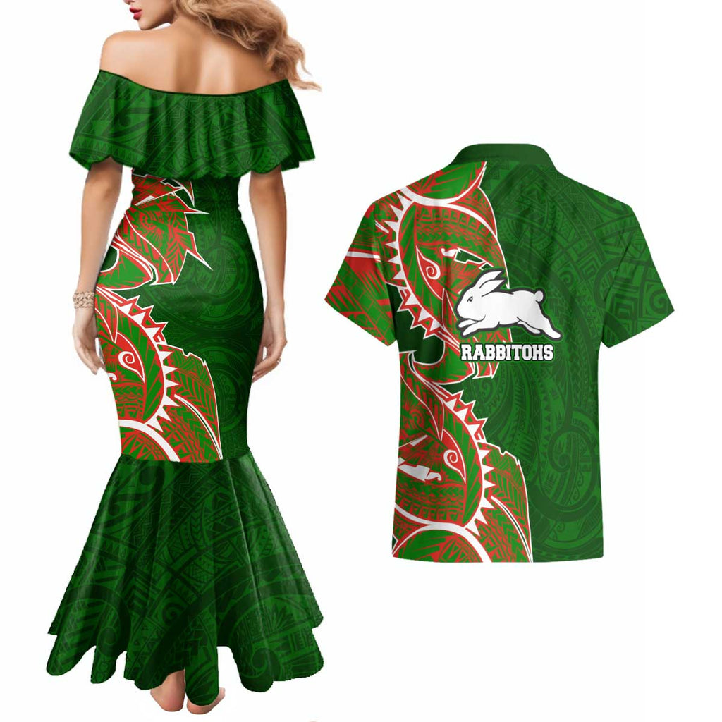 South Sydney Rabbitohs Couples Matching Mermaid Dress and Hawaiian Shirt Polynesian Tribal Tattoo Pacific Sport Art
