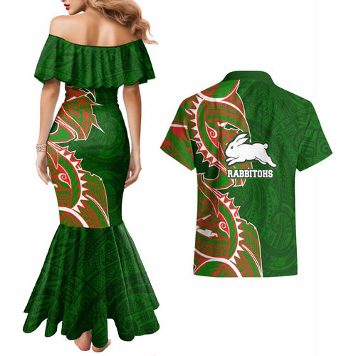 South Sydney Rabbitohs Couples Matching Mermaid Dress and Hawaiian Shirt Polynesian Tribal Tattoo Pacific Sport Art