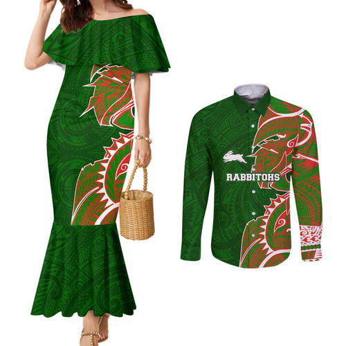 South Sydney Rabbitohs Couples Matching Mermaid Dress and Long Sleeve Button Shirt Polynesian Tribal Tattoo Pacific Sport Art