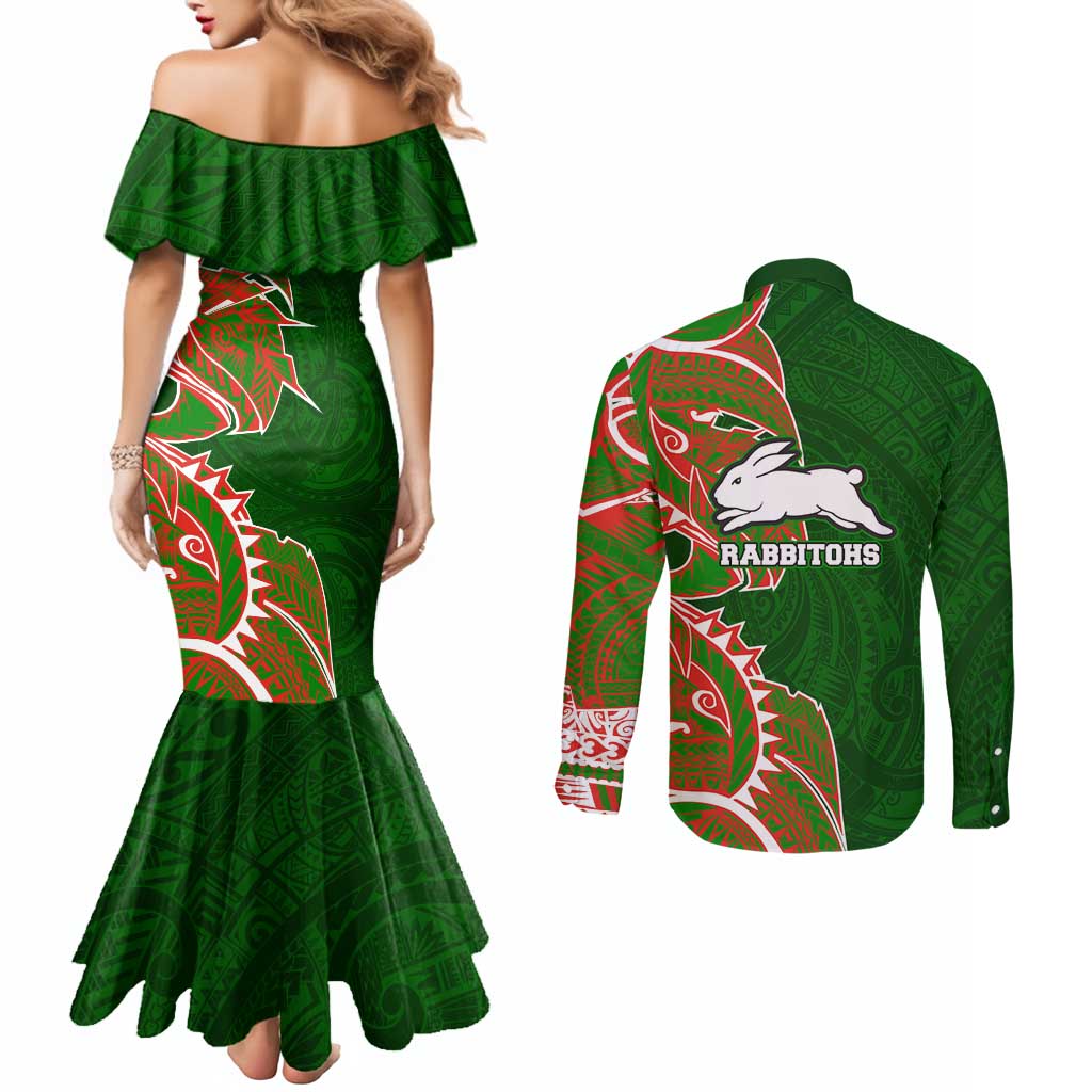 South Sydney Rabbitohs Couples Matching Mermaid Dress and Long Sleeve Button Shirt Polynesian Tribal Tattoo Pacific Sport Art