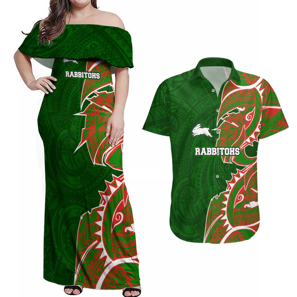 South Sydney Rabbitohs Couples Matching Off Shoulder Maxi Dress and Hawaiian Shirt Polynesian Tribal Tattoo Pacific Sport Art
