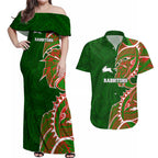 South Sydney Rabbitohs Couples Matching Off Shoulder Maxi Dress and Hawaiian Shirt Polynesian Tribal Tattoo Pacific Sport Art