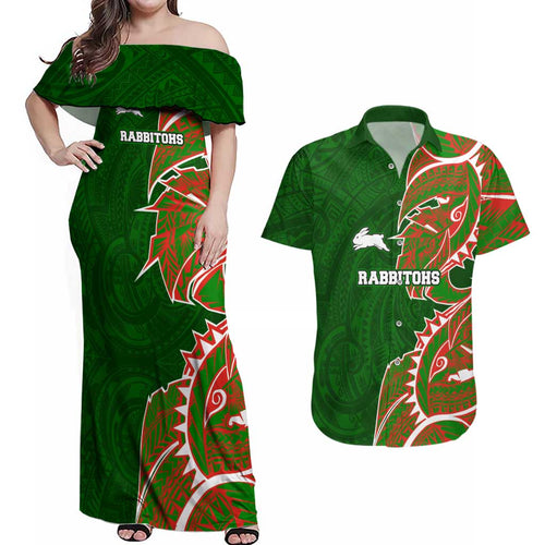 South Sydney Rabbitohs Couples Matching Off Shoulder Maxi Dress and Hawaiian Shirt Polynesian Tribal Tattoo Pacific Sport Art