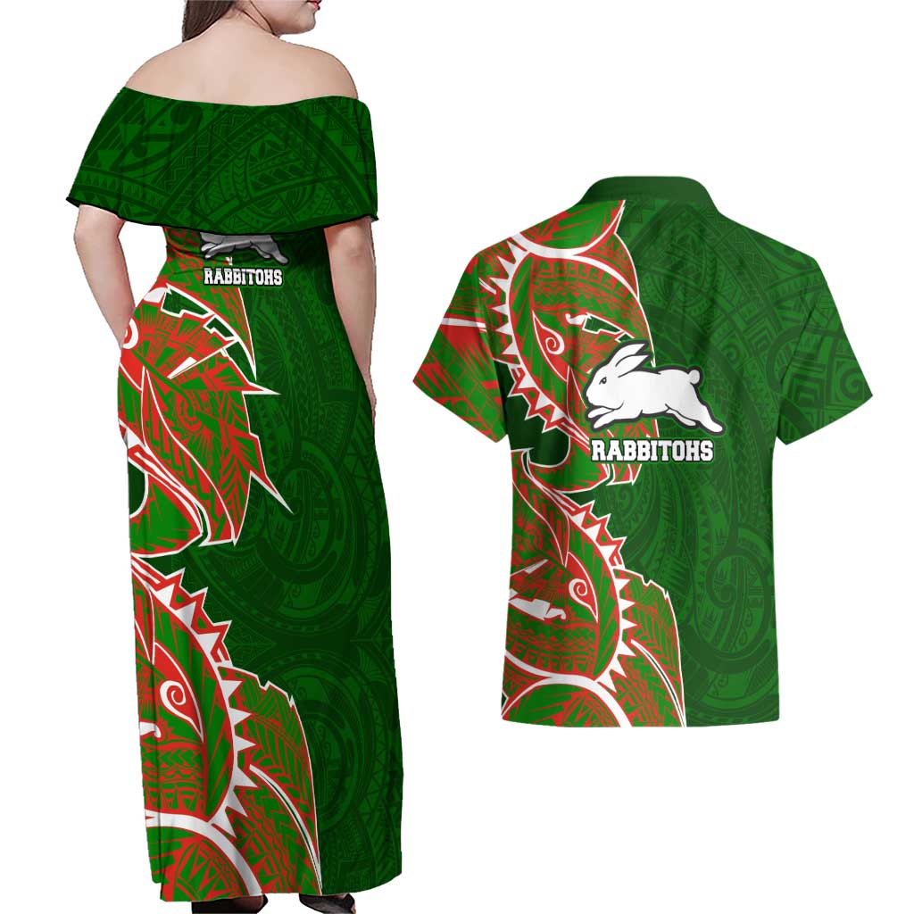 South Sydney Rabbitohs Couples Matching Off Shoulder Maxi Dress and Hawaiian Shirt Polynesian Tribal Tattoo Pacific Sport Art